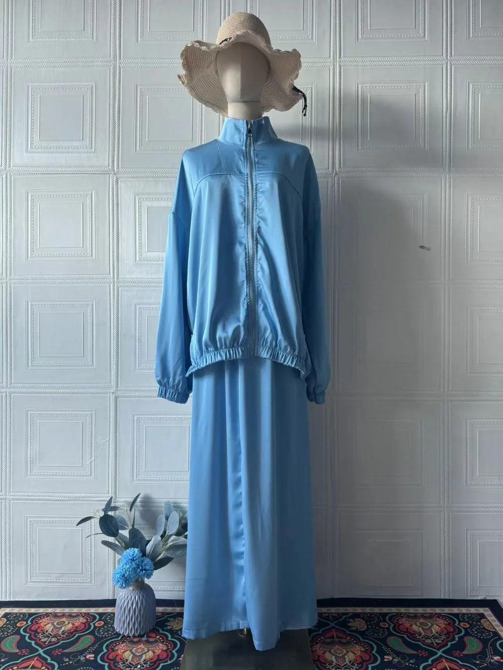 Satin zip set with flowy skirt.