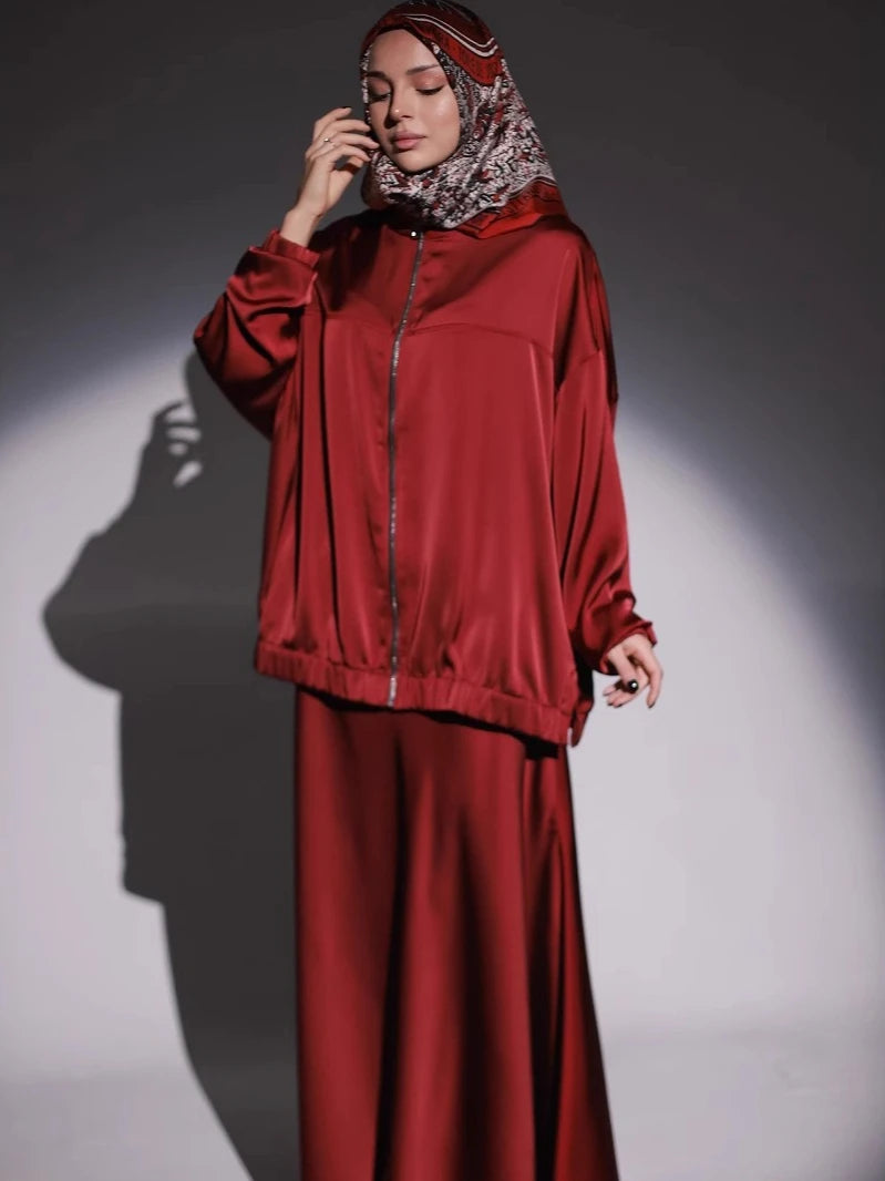 Satin zip set with flowy skirt.