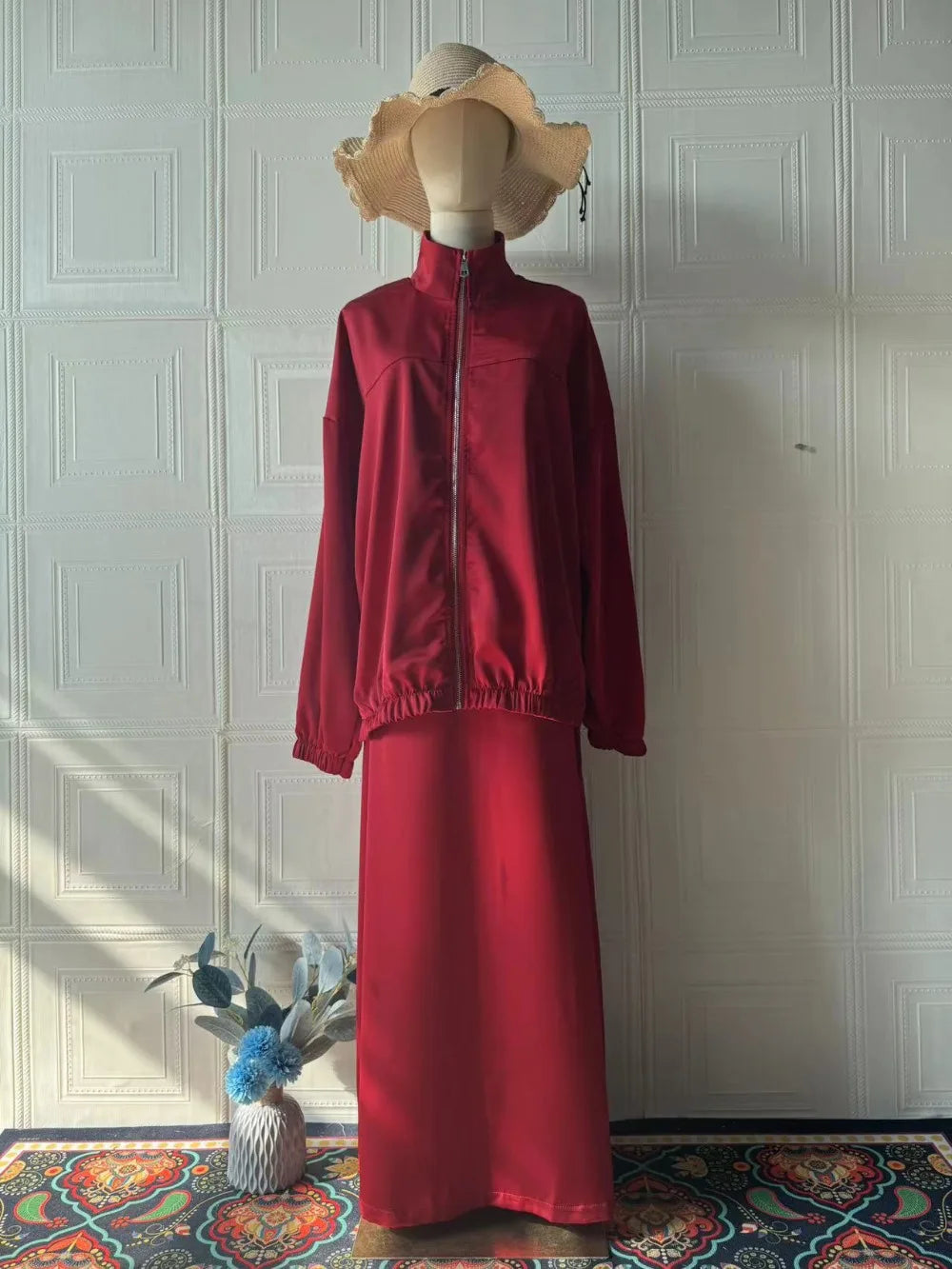 Satin zip set with flowy skirt.