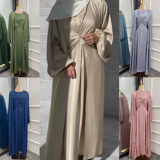 2 Piece Set Open Abaya With Inner Dress