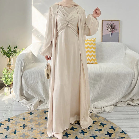 2 Piece Set Open Abaya With Inner Dress