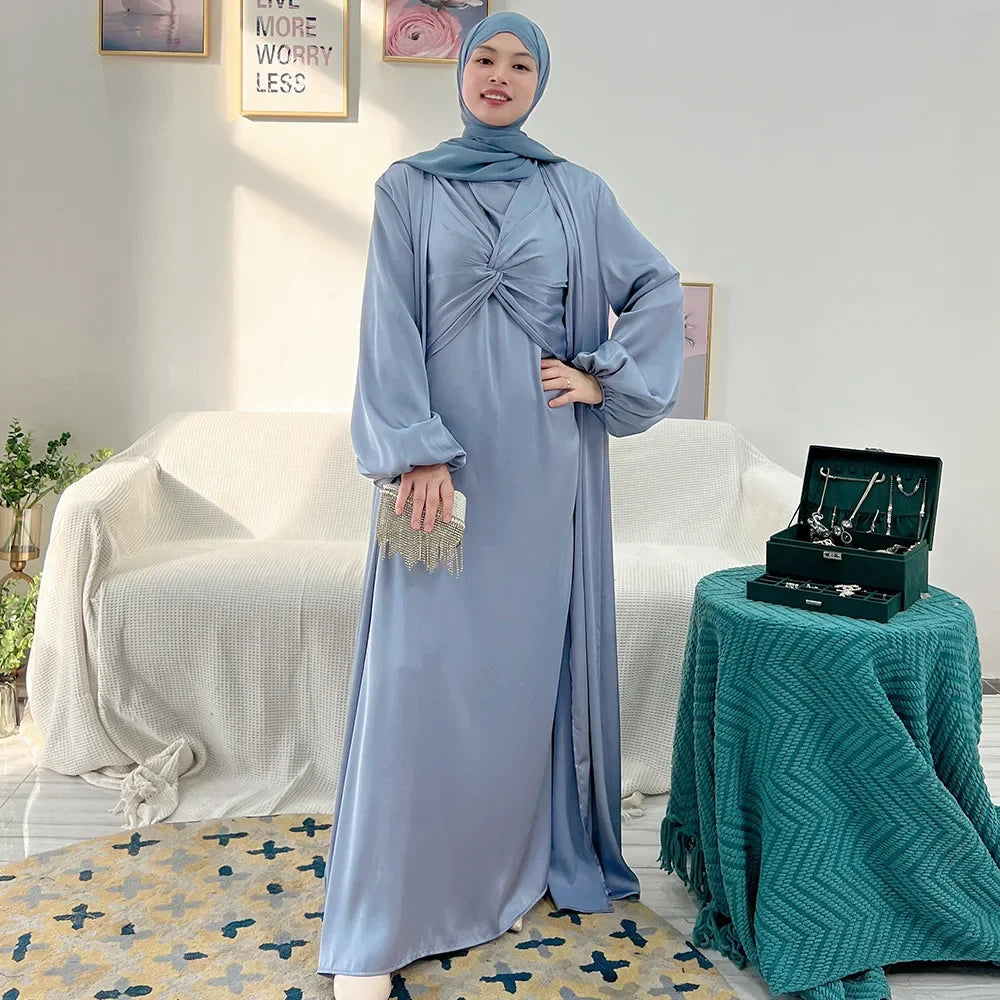 2 Piece Set Open Abaya With Inner Dress