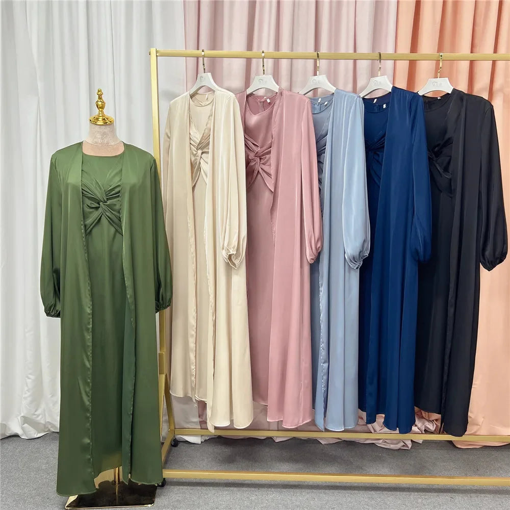 2 Piece Set Open Abaya With Inner Dress