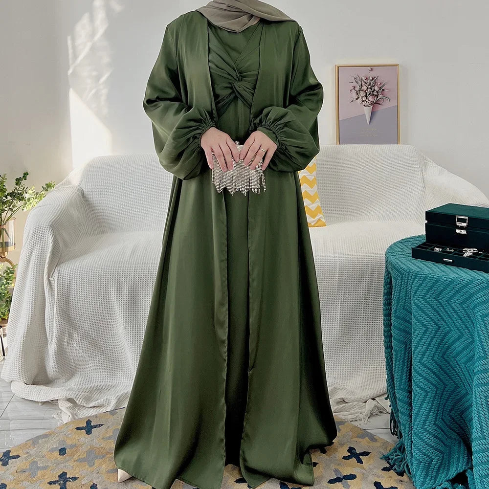 2 Piece Set Open Abaya With Inner Dress