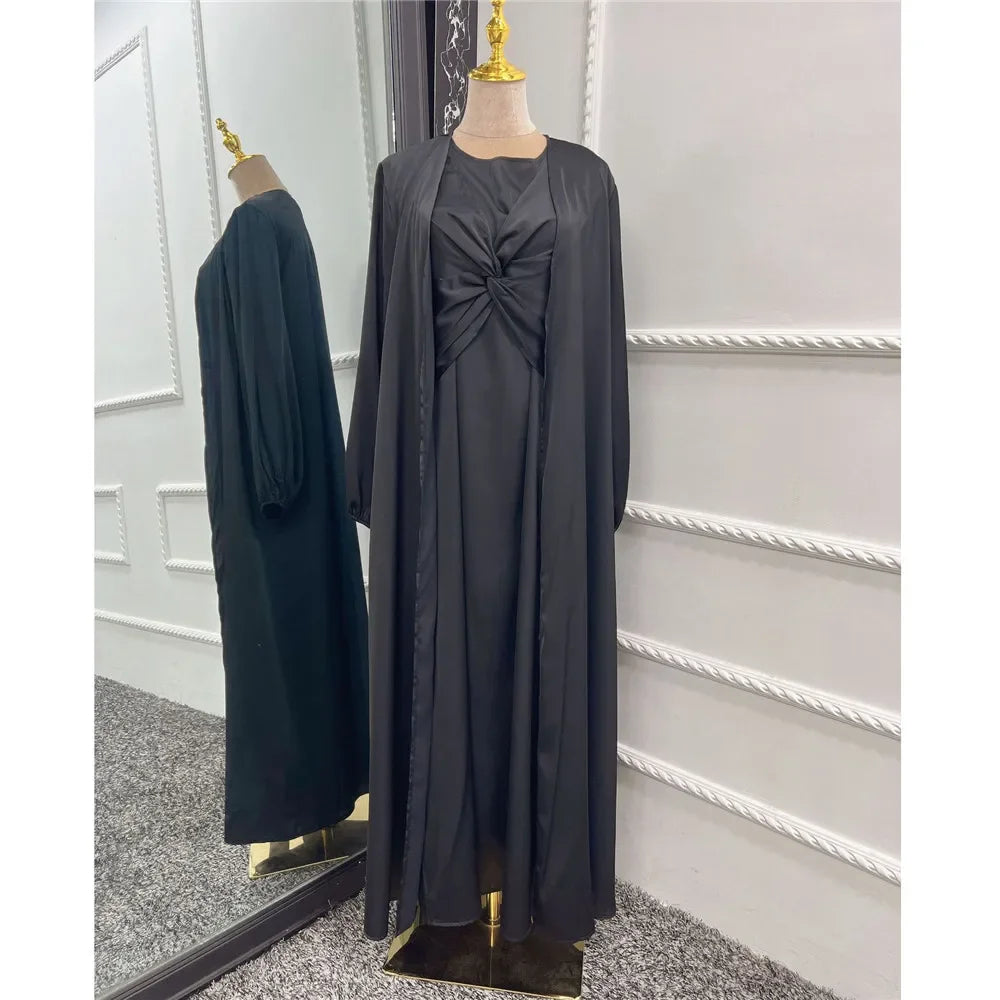 2 Piece Set Open Abaya With Inner Dress